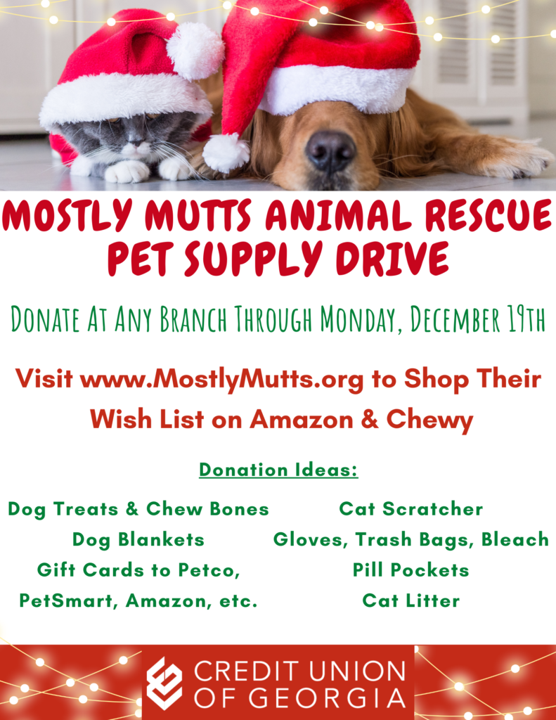 Credit Union of Georgia holding pet supply drive for Mostly Mutts